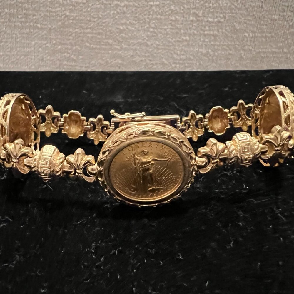 American Gold Eagle 22K $5 1/10oz coins in a 14K Byzantine Fleur-de-lis bracelet